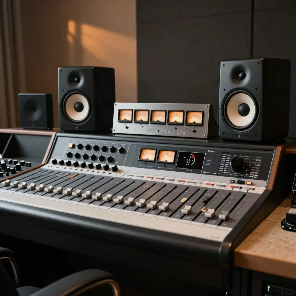 Mixruimte met faderbank, monitors en outboard-rack, warm amberlicht en pulserende meters.