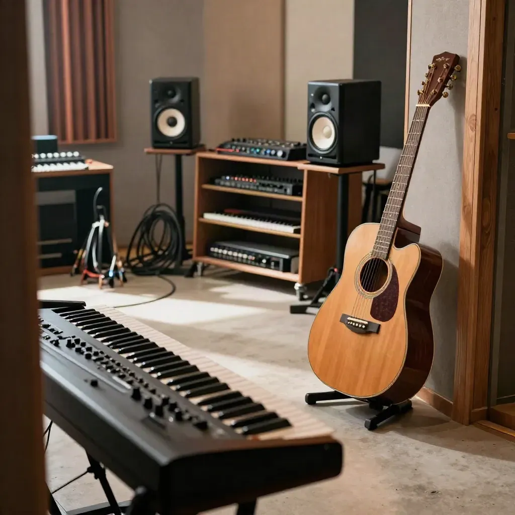 Brede studiobeeld met MIDI-keyboard, drum pad, akoestische gitaar en monitors in warm licht.