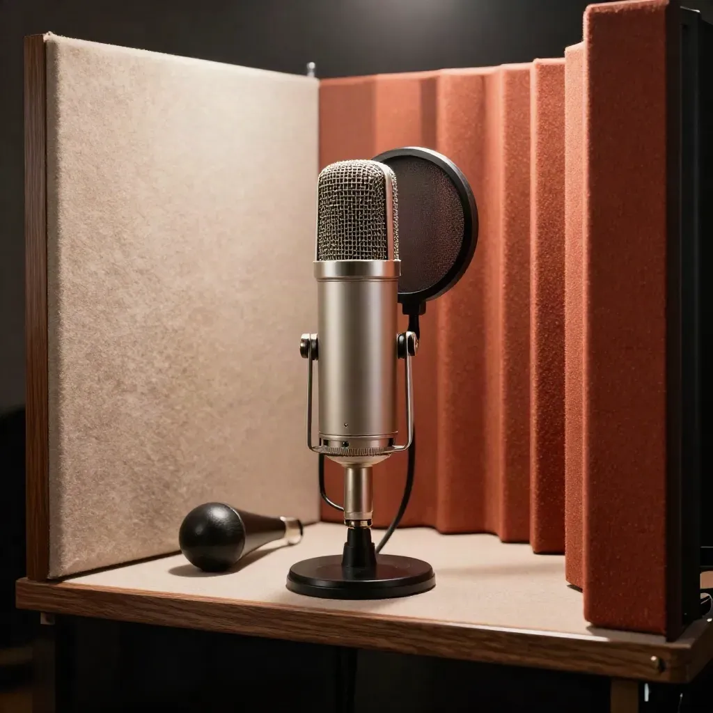 Broadcastmicrofoon in warme booth met akoestische schermen en shaker voor een jingle-opname.