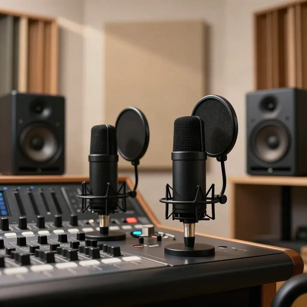 Stille podcastmixruimte met twee microfoons, popfilters, speakers en warme akoestische panelen.