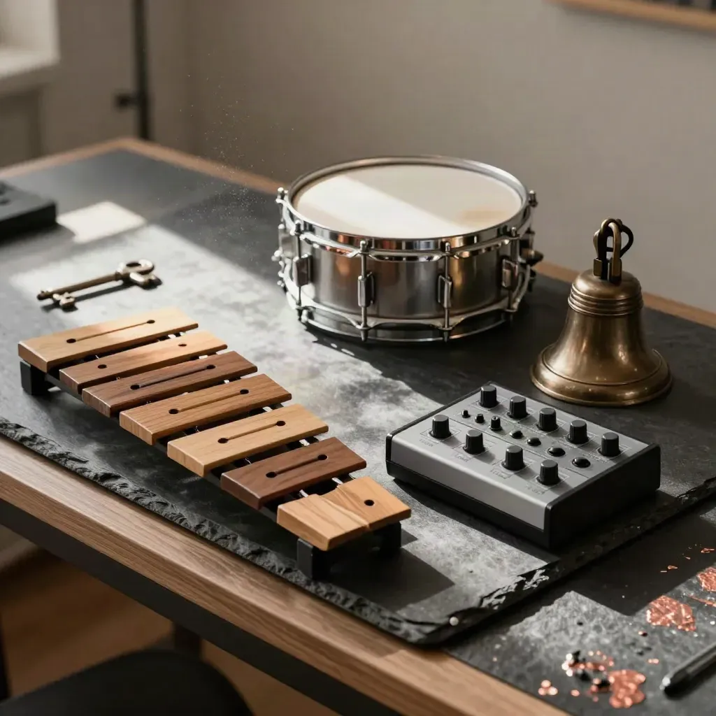 Top-down jingle-set met marimba, snaredrum, synthmodule en bronzen bel in studio