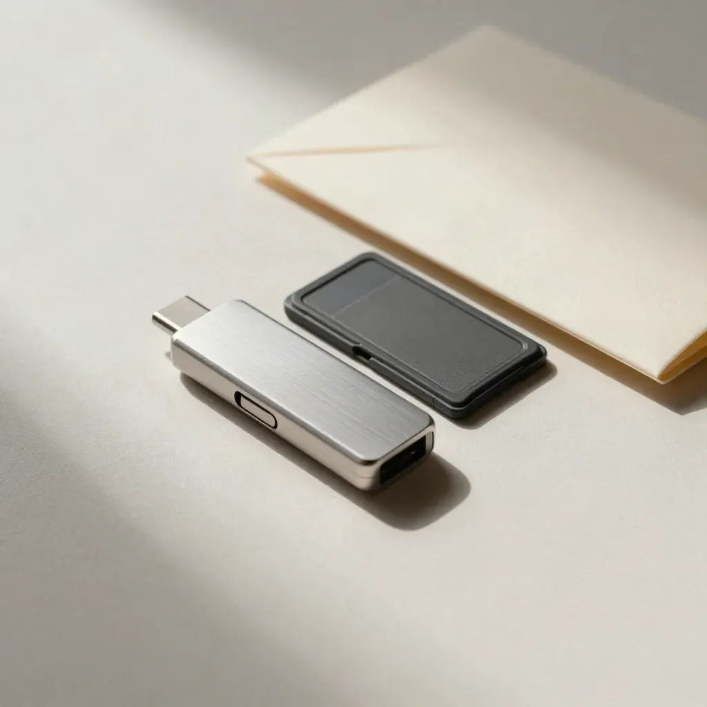 USB-C drive, SD-kaartcase en archiefhoes op ivoorkleurige ondergrond, van boven gefotografeerd.