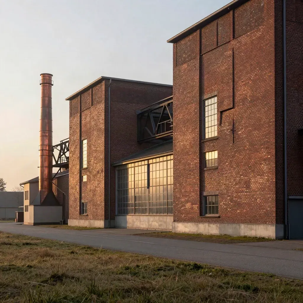Strijp-S in avondlicht met baksteen, staal en zachte industriële mist in Noord-Brabant.
